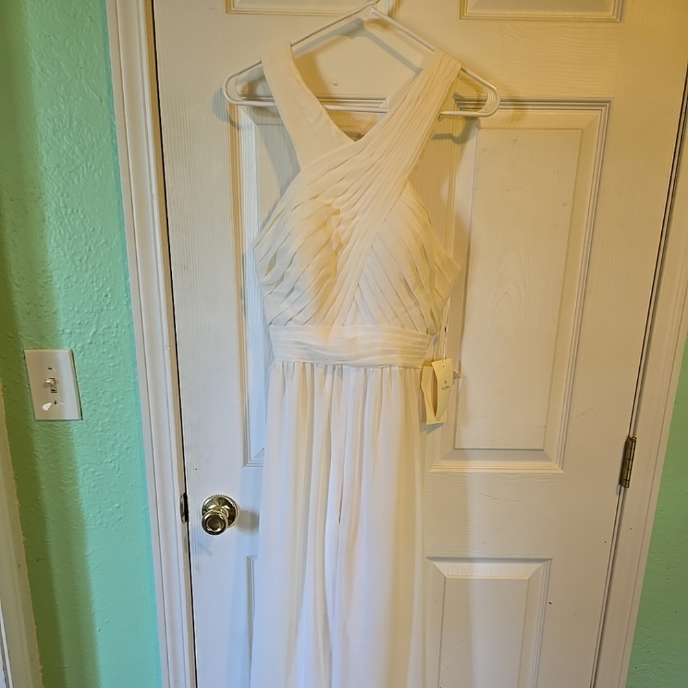 LAN TING White Chiffon Bridal Jumpsuit Halter Criss-Cross Pleated Wide Leg NWT